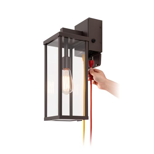 Image of mirrea 18 inch Classic Outdoor Wall Sconce with Built-in GFCI Outlet 1 Light in Oil Rubbed Bronze Rectangular Metal Frame and Clear Glass Shade Waterproof Porch Light Patio Light