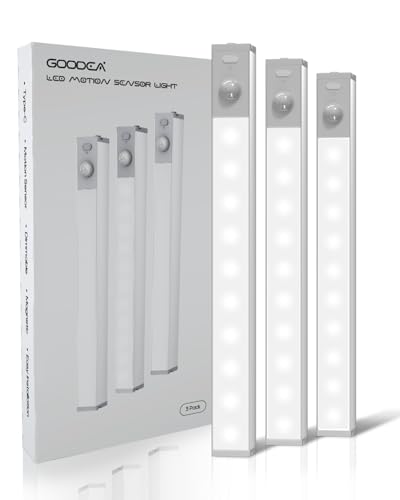 GOODEA Lampe de Placard LED Rechargeable 18cm Sans Fil,3 Pcs Réglette LED Lumiere Armoire Détecteur de Mouvement Pour Armoire à Linge, étagère à Livres, Escalier, Couloir, Voiture de Camping 8000K