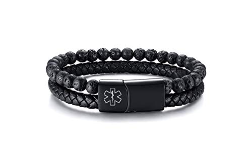 VNOX Custom Engraving Medical Alert ID Two-Strand Braided Leather Cuff Wristband Rope Bracelet with Stainless Steel for Men Boy2