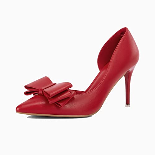 Image of Womens Bow Heels Closed Pointed Toe Dress Shoes Stiletto Slip on Wedding Pumps