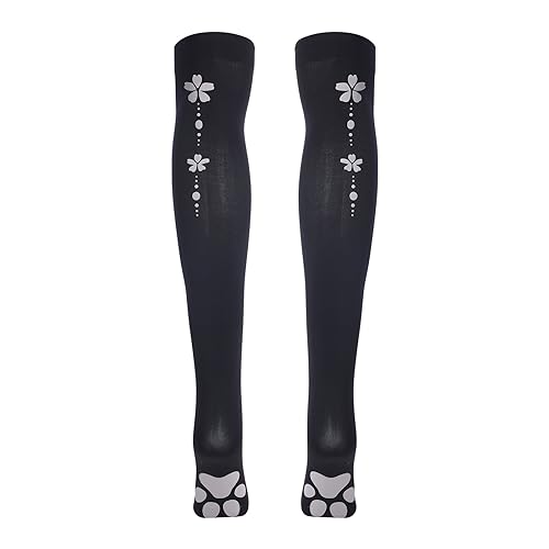 ABAFIP Women Cute Kawaii Cat Paw Print Thigh High Socks Kitten Claw Above Knee Sheer Hosiery Stockings Black One Size