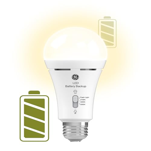 Image of GE LED+ Backup Battery LED Light Bulbs, A21 Rechargeable Light Bulbs for Power Outages and Emergencies, Flashlight, 3 Color Temperatures (2 Pack)
