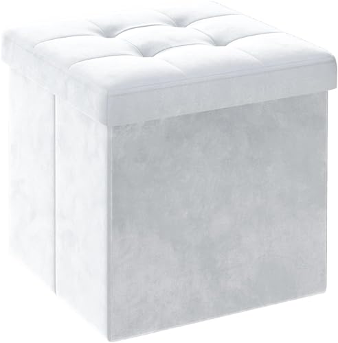 Viterbo Biancheria Pouf Puff In Velluto Velvet Contenitore Con Coperchio Salvaspazio Poggiapiedi Portaoggetti Quadrato 38x38Cm (Bianco)