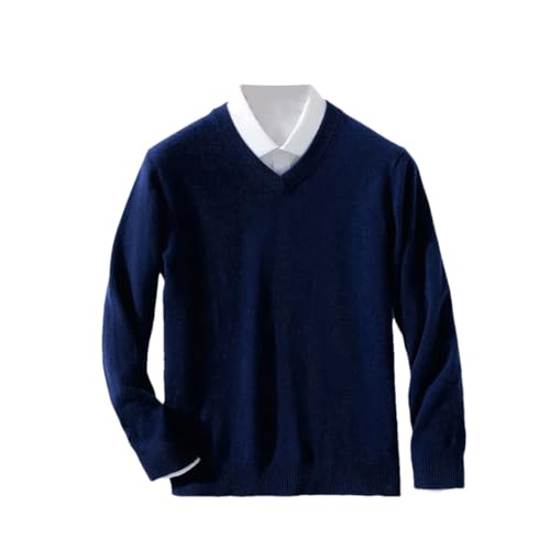 DBFBDTU Men's Soft Cashmere Sweater Pullover Business Casual Solid V-Neck Knitted Woolen Sweaters Navy Blue L