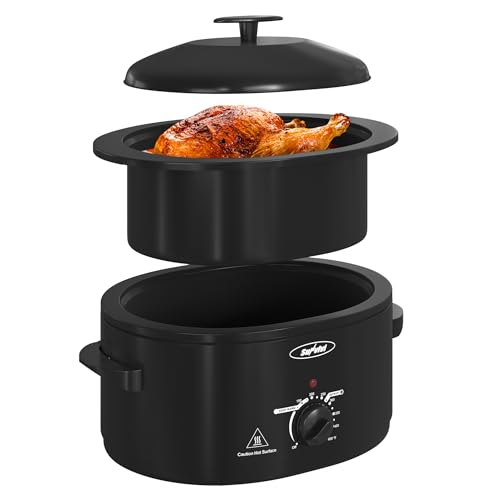 Sunvivi - Horno tostador con tapa autohilado, horno eléctrico de pavo de 8 cuartos con bandeja extraíble y estante, acero inoxidable, color negro