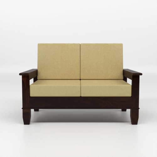 Image of Solid Sheesham Wood 4 Seater Sofa Set for Living Room | Premium Wooden Sofa with Cushioned Fabric Seats | Side Magazine Rack | Modern Furniture for Home & Office