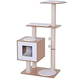 PawHut 47” Modern Cat Tree Multi-Level Scratching Post with Cube Cave Enclosure - Oak Wood and White