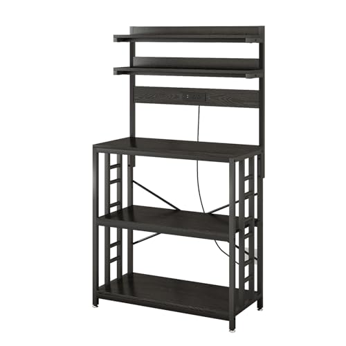 METYERRY Adjustable Bakers Rack with Power Outlet,Coffee Bar Station with Led Lights,Microwave Stand with Storage,5-Tier Kitchen Shelf,Kitchen Storage Rack for Spices, Pots and Pans,Black