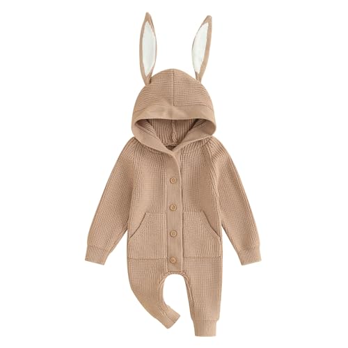 Image of Ynibbim Baby Girls Boys Knit Romper Easter Clothes Bunny Ears Hooded Buttons One-Piece Long Sleeve Spring Jumpsuits Outfits