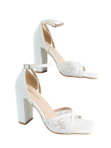 Women's White Floral Embroidered High Heel Sandals – Elegant Mesh & Leather Bridal Shoes with Adjustable Ankle Strap, Comfortable Block Heel Wedding Sandals for Brides & Formal Events