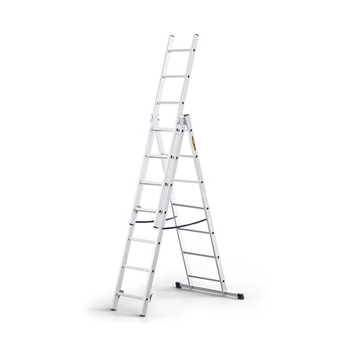DRABEST - Home - Aluminium-Leiter - 3x6 Sprossen - Max. 2,97 m lang - Max. Arbeitshöhe 3,98 m - bis 150 kg - 3-teilig - Mehrzweck-, Steh-, Auszieh- Klappleiter - rutschfest - Verstellbar