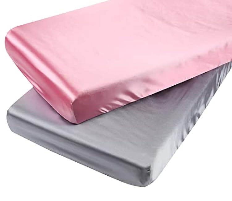 Satin Pack n Play Sheet Set 2 Pack Ultra Soft Silk Fitted Mini Crib Sheets Playard Sheet Protect for Baby Hair and Skin, Grey & Pink