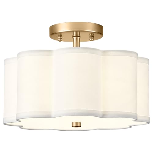 Image of Gold Semi Flush Mount Ceiling Light, 3-Light 12.5 inch Ceiling Lighting Fixtures with Fabric Shade in Flower Shape, Farmhouse Brass Drum Lights for Nursery Hallway Bedroom, AD-22007-3SF-GD