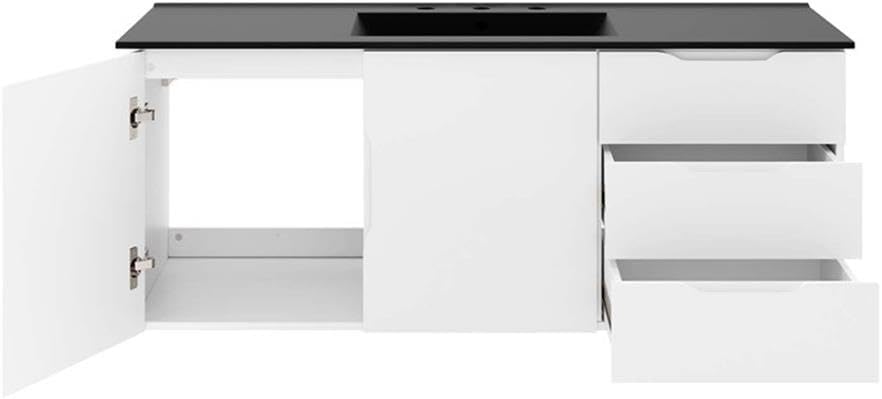 Davant view of the Modway Vitality vanity with the left cabinet door open and the two right drawers pulled out, showing the interior storage space.
