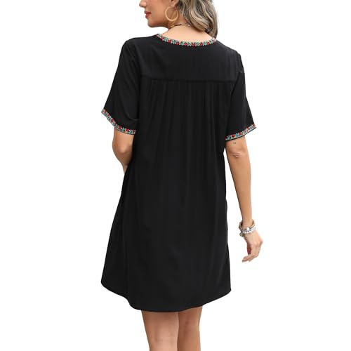 Image of Grosy Fiesta Embroidered Mexican Dress for Women Beach Vacation Plus Size Short Sleeve Summer Boho Dresses with Pocket