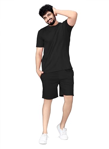 Image of ELLITI Cotton Blend Solid Casual Round Neck Half Sleeve Oversized Co-ord Set Men's, Pyjama Set, Sleepwear Loungewear T-Shirt and Shorts Combo for Men, Night Wear for Men, Night Suit for Men's