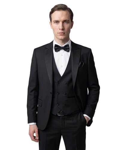 Costume smoking noir homme 3 pièces avec revers pointus en satin
