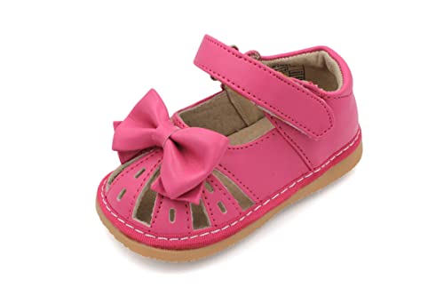 Little Mae's Boutique Mary Jane Hot Pink Bow Squeaky Sandals for Toddler Girls, Walking Sandals with Removable Squeaker & Adjustable Strap - Soft Sole Sandals for Little Girls (5)