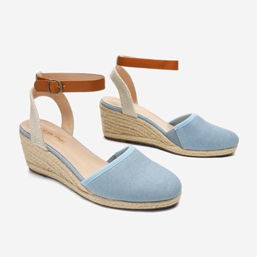 DREAM PAIRS DREAM PAIRS Wedge Sandals for Women, Espadrilles Wedges Closed Toe Sandals with Ankle Strap Light Blue Size 9.5 Amanda-3