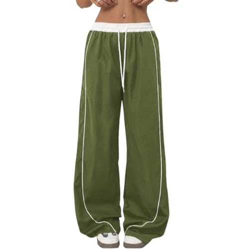 Image of Women's Baggy Loose Fit Wide Leg Track Pants | Elastic Waist Drawstring Casual Lounge Trousers with Side Stripe and Pockets