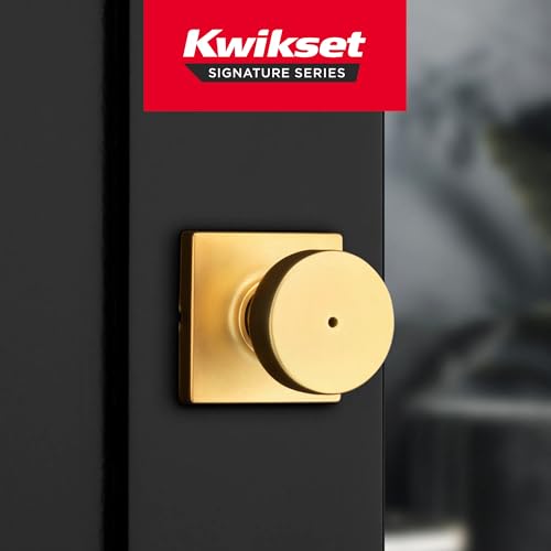 Image of Kwikset Pismo Interior Square Privacy Door Knob with Lock, Door Handle for Bathroom and Bedroom, Satin Brass Keyless Push Button Lock Doorknob 4 Pack