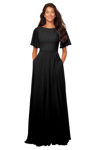 Image of petyoo Chiffon Flutter Sleeve Bridesmaid Dresses with Pockets Sash Long A Line Formal Dress
