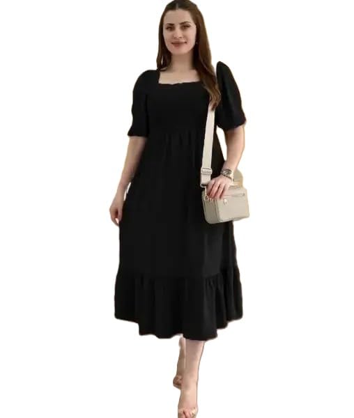 Women's Square Neck Smocked Puff Sleeves Black Aline Maxi Dress-picture-15