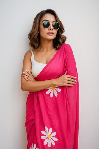 Image of Lilan Cotton Saree with White Daisy Floral Prints Tassel Pallu Lightweight Summer Saree