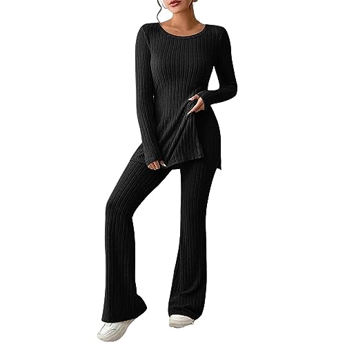 La Mejor Selección de Twin-sets para Mujer los mejores 10. 43 Conjunto de punto dos piezas mujer, cuello redondo, dobladillo abertura, camiseta y pantalón holgado, estilo urbano Sueteres Twin-sets