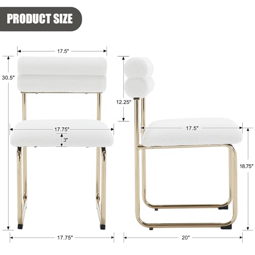 Janoray Gold Dining Chairs Set of 2 Sherpa Accent Kitchen Chair with Metal Base Chic Boucle Upholstered Side Chairs for Kitchen Family Living Room(White Sherpa)