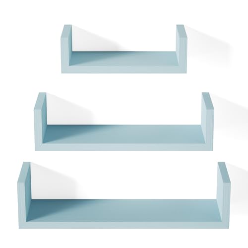 SRIWATANA Floating U Shelves Wall Mounted, Solid Wood Wall Shelves Set of 3 (Blue)
