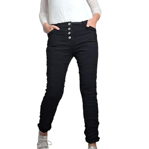 We Die in Italy 4 Jewelly Stretch Jeans| im Baggy Boyfriend Schnitt| Damen Hose mit dekorativer Knopfleiste| Perfekter Sitz (L, schwarz)