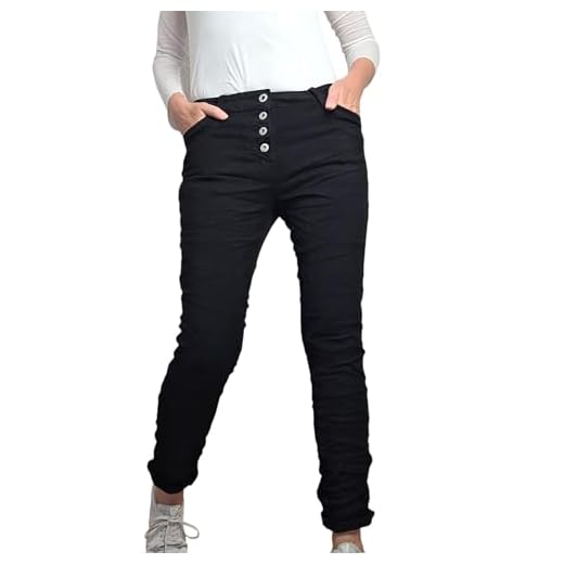 We Die in Italy 4 Jewelly Stretch Jeans| im Baggy Boyfriend Schnitt| Damen Hose mit dekorativer Knopfleiste| Perfekter Sitz (L, schwarz)