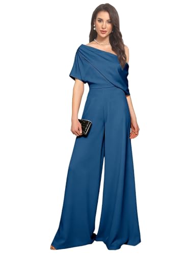 EWRAKF Satin Maid of The Honor Pant Suits for Women One Shoulder Wedding Guest Outfit Short Sleeves Formal Jumpsuit 2026 10 Ink Blue