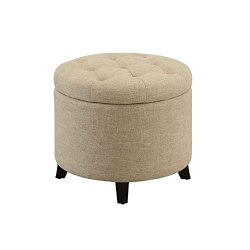 Copper Grove Chrysanthemum Round Storage Ottoman Assembled Tan Fabric Fabric Storage, Tufted Modern & Contemporary Foot Stool, Storage Ottoman Fabric #TOP1