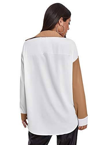 SheIn Women's Color Block Button Down Blouse V Neck Long Sleeve Collar Oversized Shirt Tops - Image 3