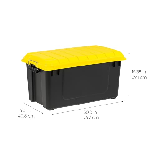 Image of IRIS USA WeatherPro 21 Gallon Lockable Storage Bins with Lids, 4 Pack - Made in USA, Heavy Duty, Stackable Containers, Garage Organizing Tubs, Rugged Sturdy Equipment Utility Box - Black /Yellow