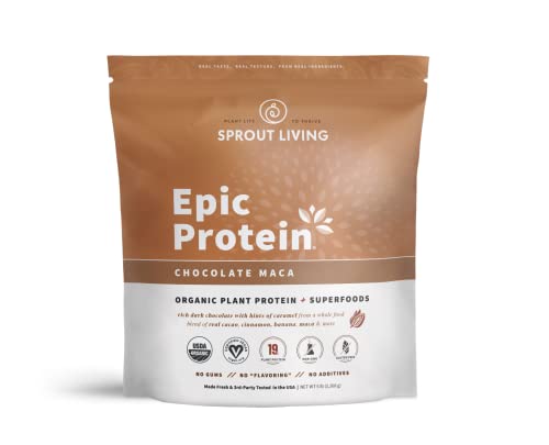 Sprout Living Epic Protein, Plant Based Protein & Superfoods Powder, Chocolate Maca Powder | 20 Grams Organic Protein Powder, Vegan, Non Dairy, Non-GMO, Gluten Free, Low Sugar (5 Pound, 60 Servings)