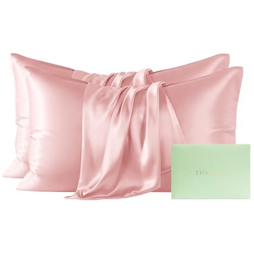 Image of THXSILK Mulberry Silk Pillowcase King Size, Set of 2 Pillowcases, Pillow Cover with Hidden Zipper, Soft Smooth Cooling Pillowcases for Hair and Skin, Gift for Women Men, Charming Pink