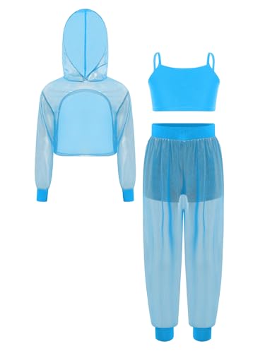 YiZYiF Girls 2Pcs Gymnastics Hip-hop Jazz Dance Outfit See-through Mesh Crop Top Hoodie and Vest Pants Set