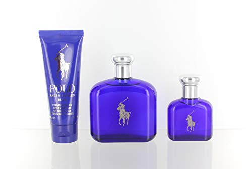 Ralph Lauren Polo Blue for Men 3piece Set (4.2 Oz Eau De Toilette Spray/ 1.36 Oz Eau De Toilette Spray/ 3.4 Oz After Shave Gel), 8.96 Oz