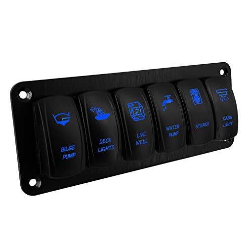 Image of 6 Gang Blue Customizable Rocker Switch Panel Pre-Built Aluminum Toggle Switch Panel with Holder Housing for Marine Boat Yacht Automotive 12V 24V IP66