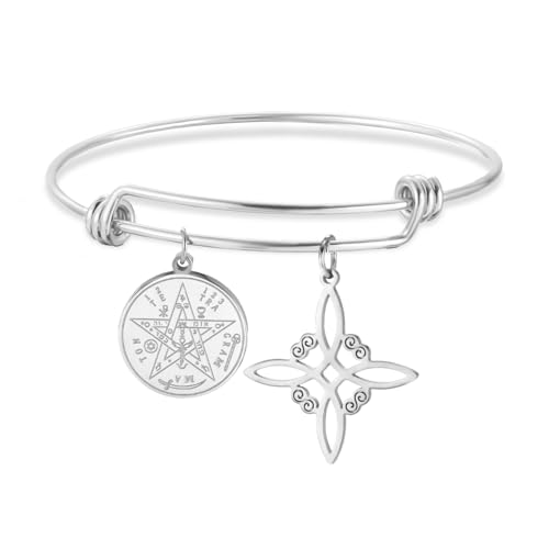 Dreamtimes Pulsera con colgante de pentagrama y nudo de bruja y tetragrammaton, brazalete protector de acero inoxidable para mujer, pulsera ajustable con nudo de bruja (Plata)