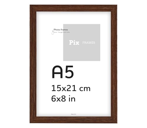 Pix FRAMES Cadre Photo 15x21 cm (A5) - Cadre Poster Bois - Cadre avec Vitres en Acrylique - Elégant Cadre à Suspendre et à Poster - Cadre Portrait Moderne - Marron