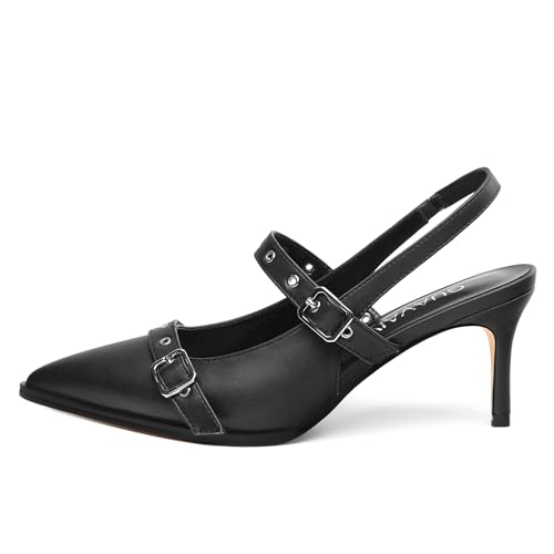 Women's Pumps, Pointed Toe Stiletto Heel Elastic Slingbacks, Adjustable Strap Buckle Fashion Solid Matte Mid Heel Shoes for Office Wedding Dating2