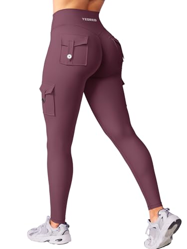 YEOREO CoreFlex Gym Workout Cargo Leggings with Pockets for Women Hidden Scrunch Butt Lifting Yoga Leggings Black Cherry XL