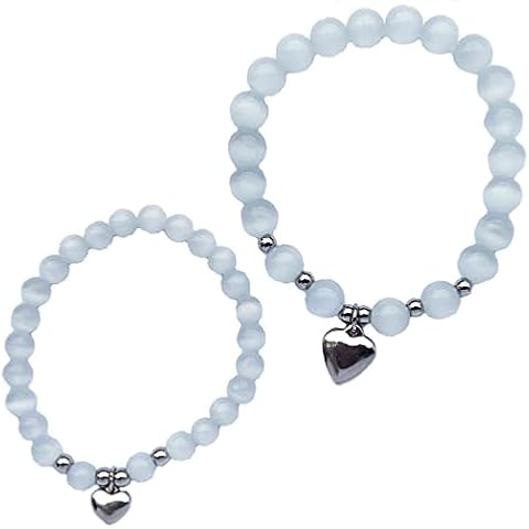 DOLON White Cat Eye Beads Elastic Stainless Steel Heart Charm Mommy and Me Bracelets Matching Set for Mother Daughter Aunt Niece Mothers Day Birthday Christmas Handmade Jewelry Gift Cover