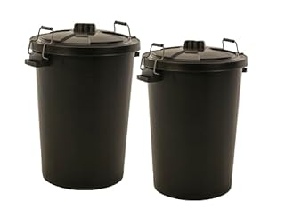 2 PACK - LARGE BLACK GARDEN DUSTBIN- 90L REFUSAL HEAVY DUTY PLASTIC WASTE BIN WITH CLIP LID