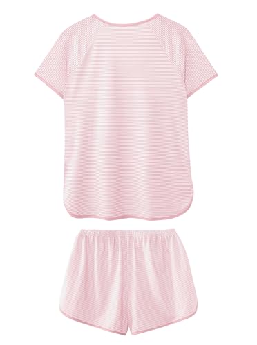 Image of Hilinker Women Striped Pajama Set Short Sleeve Top with Shorts Sleepwear Pjs 2 Piece Lounge Sets