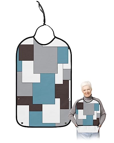 LEOKOTI Blue Grey Black Geometric Adult Bibs for Eating, Waterproof Bibs with Food Catcher & Adjustable Snap Closure, Middle Century Art Abstract Aesthetics Clothing Protectors Adult Bibs for Elderly